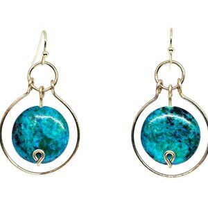 Handmade Blue-Green Chrysocolla Gemstone Gold Hoop Dangle Boho Earrings